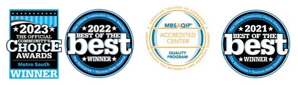 Morton Hospital's "Best Weight Loss Center" award logos in the Community Choice Awards for the Metro South region for 2021 to 2023.