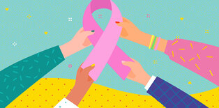 Graphic of hands holding pink ribbon