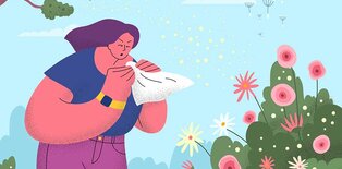 Illustration of women blowing nose outdoors in the spring