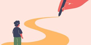 Illustration of adolescent on path being guided by parent hand