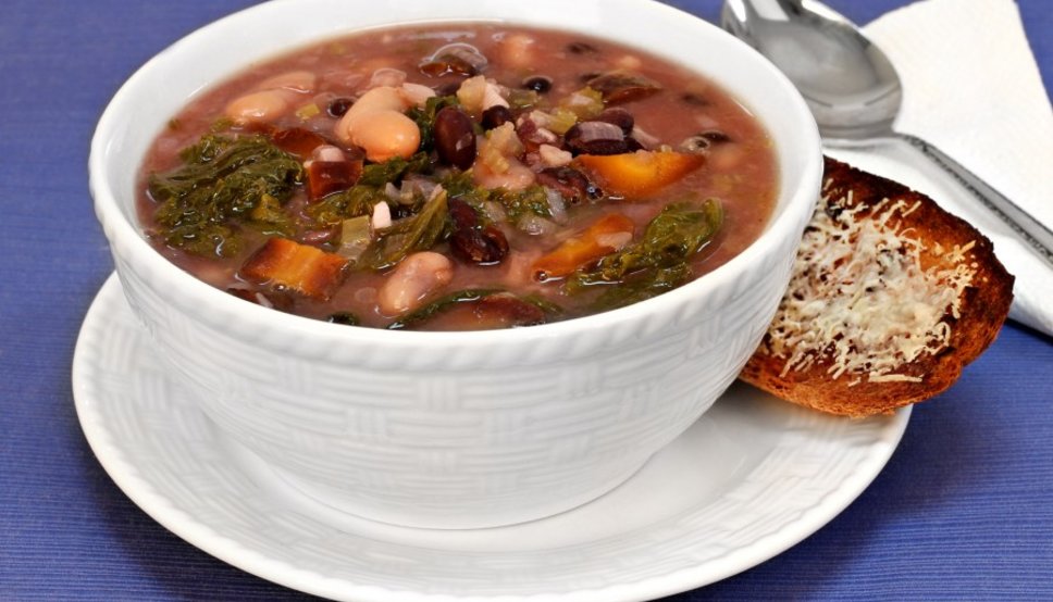 black beans, greens, and barley soup
