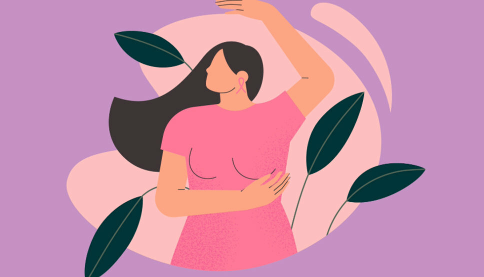 illustration of woman doing a breast self exam over a dress