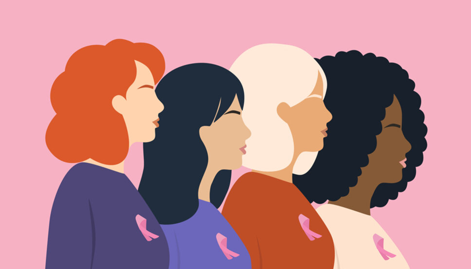 Graphic of four women with breast cancer awareness pins on