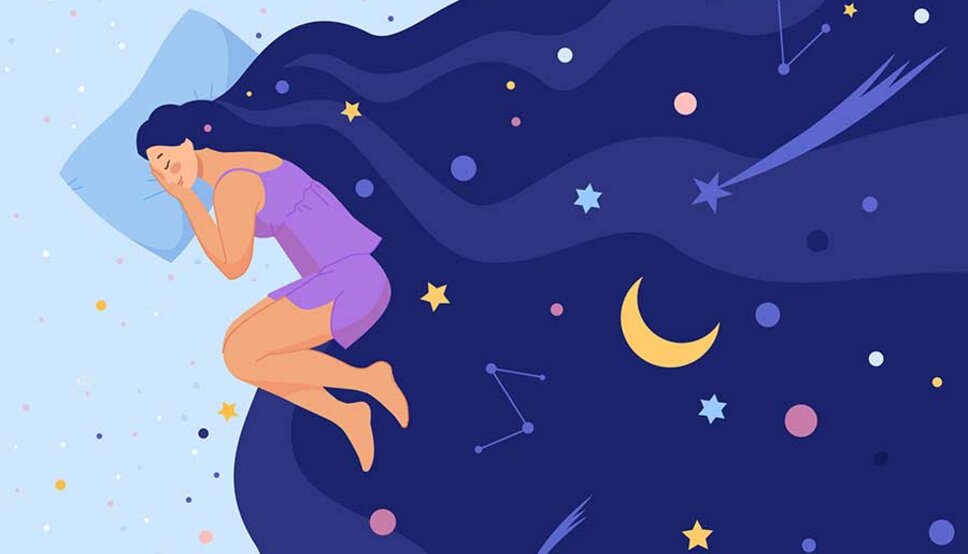 Graphic of women sleeping with stars and moon