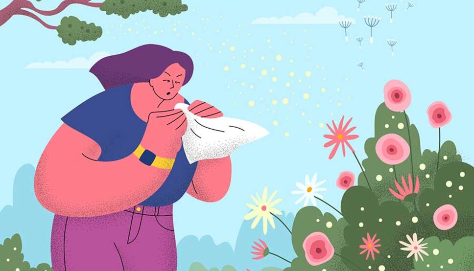Illustration of women blowing nose outdoors in the spring