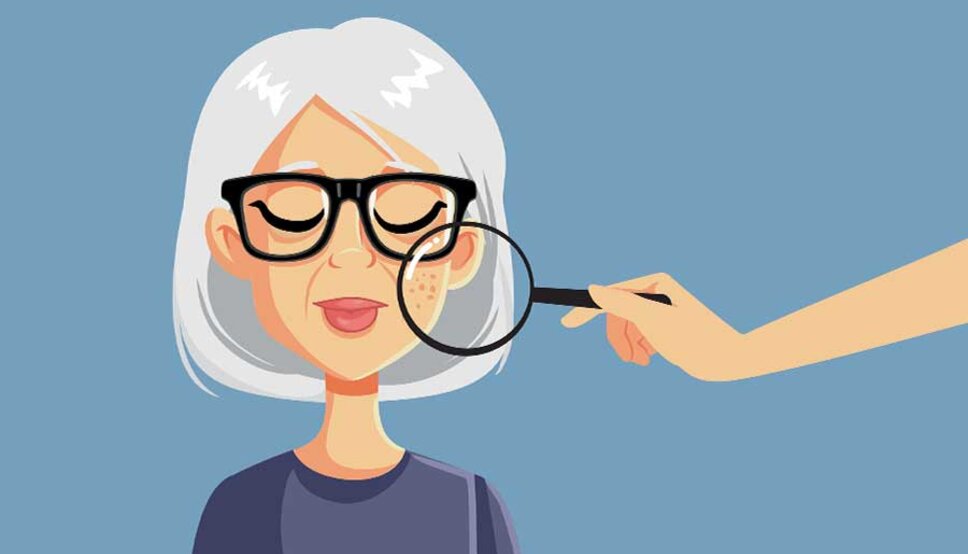 Illustration of a women with her skin under microscope showing aging