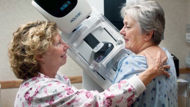Nurse and patient preparing for breast imaging exam