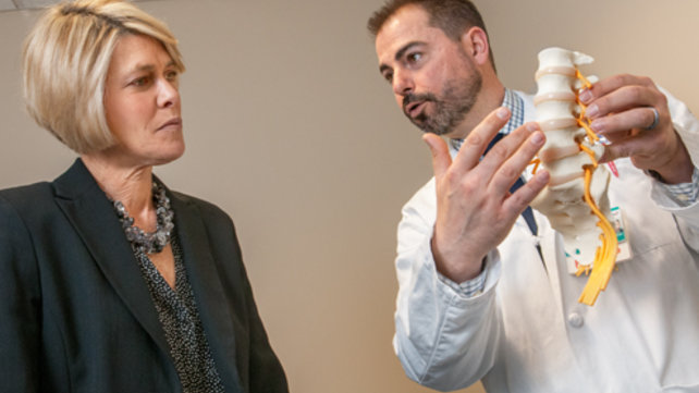 Doctor showing someone a model of a spine