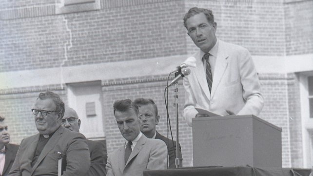 US Senator Cairborne Pell delivering the dedicatory speech for the Tower Building at Newport Hospital, 1970