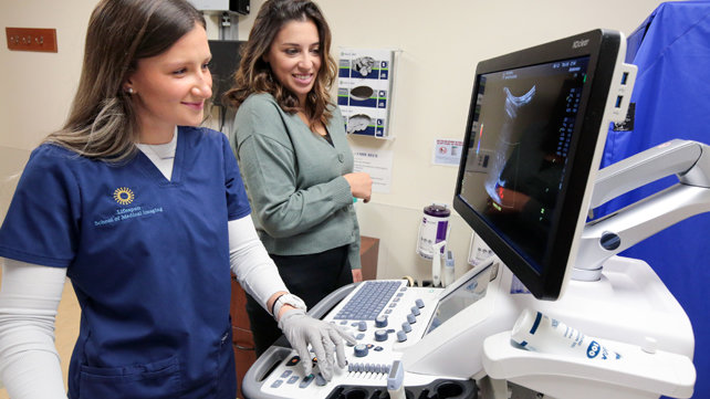 A student and instructor look at Ultrasound readings.