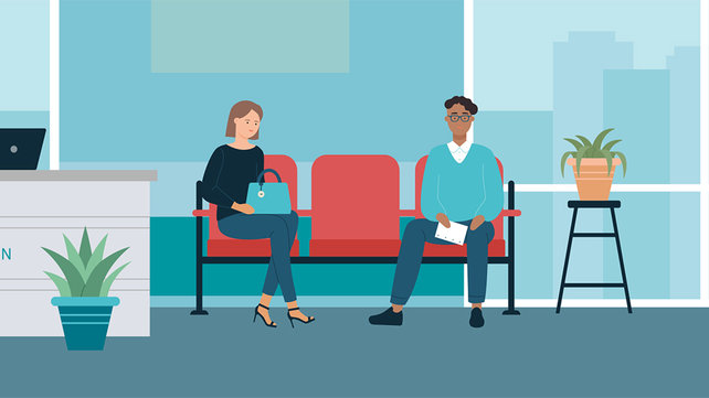 Drawing of people of all ages in hospital waiting room