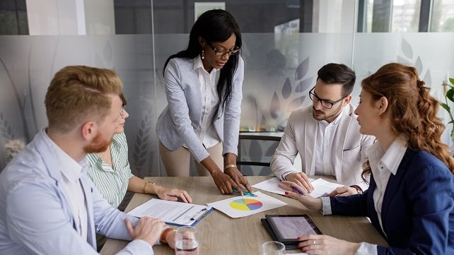 Group of diverse people in an office meeting