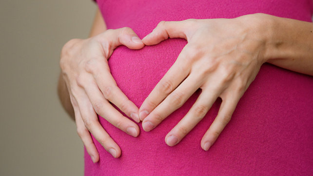 The torso of a pregnant woman.