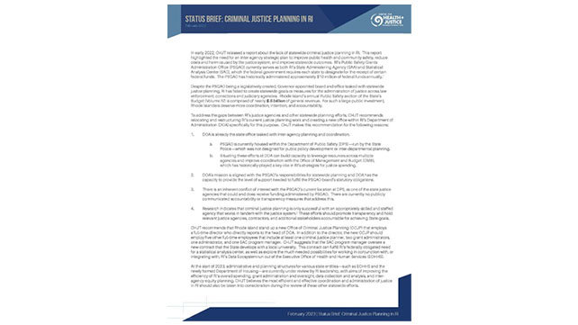 Cover of Status Brief: Criminal Justice Planning in RI