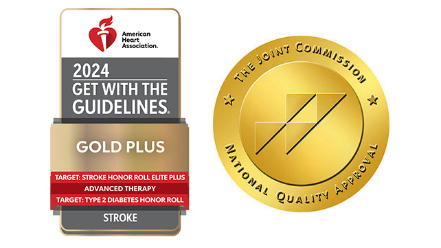 American Heart Association Gold Plus for Stroke Badge 2024 with Joint Commission logo