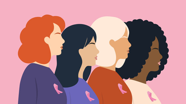 Graphic of four women with breast cancer awareness pins on