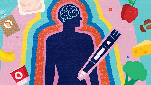 Graphic depiction of person with a weight loss medication and healthy foods