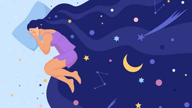 Graphic of women sleeping with stars and moon
