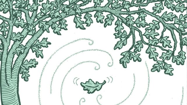 Graphic of a tree with leaves blowing from it