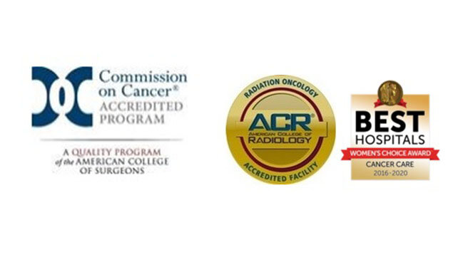 Graphics for awards and commendations designated to Saint Anne's Hospital Regional Cancer center by the Commission on Cancer of the American College of Surgeons, the American College of Radiology, and the Women’s Choice Award. 