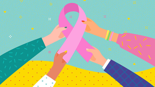 Graphic of hands holding pink ribbon
