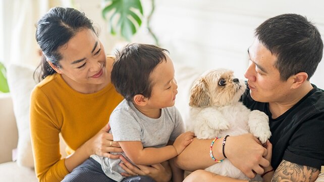 Parents with their toddler and their dog