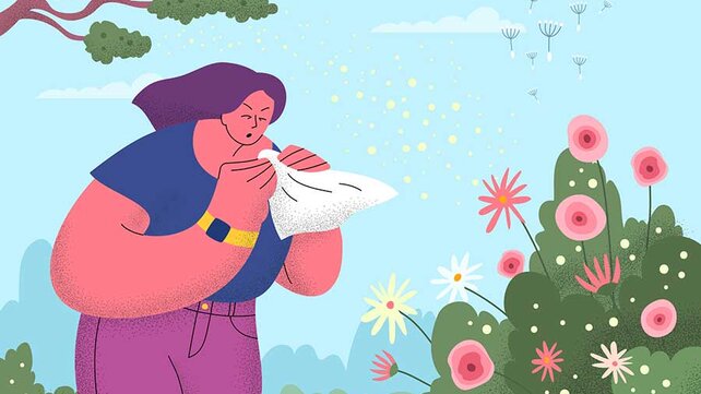 Illustration of women blowing nose outdoors in the spring