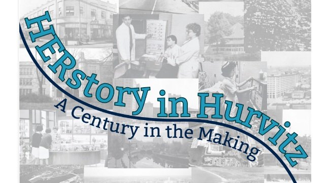 A background collage of historical photos from The Miriam Hospital overlaid with the words HERstory in Hurvitz: A Century in the Making 