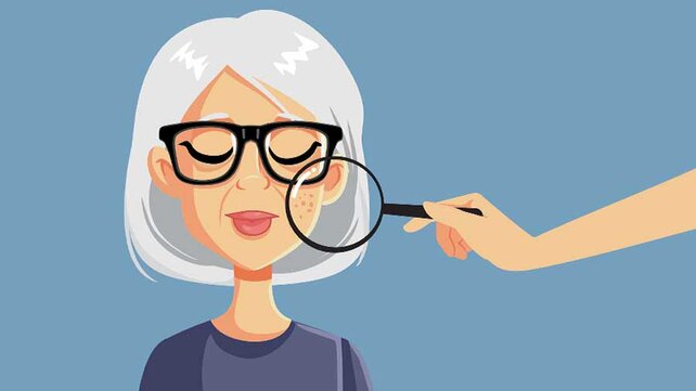 Illustration of a women with her skin under microscope showing aging