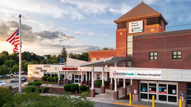 Exterior of Morton Hospital with Brown Univeristy Health signage