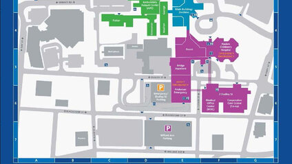 Map of Rhode Island Hospital buildings and parking lots in Providence, Rhode Island. For more information, call the parking office at 401-444-4013.