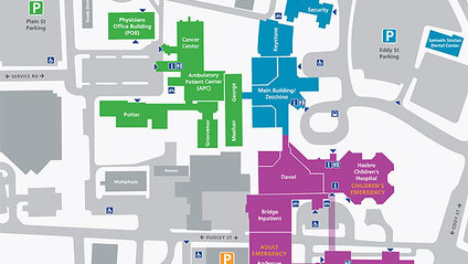 Color-coded map of Rhode Island Hospital buildings